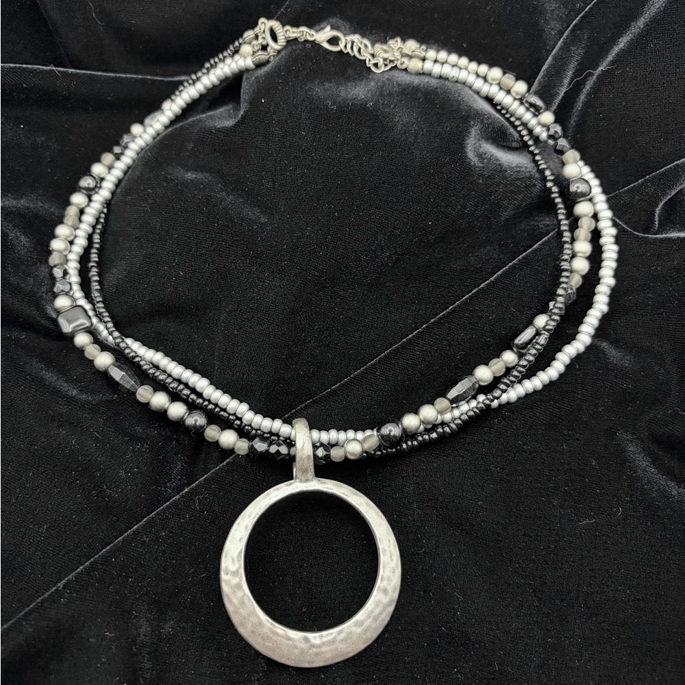 Silver and Black Beaded Necklace with Pendant